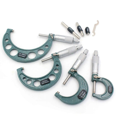 Four Piece Outside Micrometer Set 0 To 100mm With 0.01mm Graduation Carbide Tips Hardened Spindle And Easy Readouts For Quick Accurate Machinist Measurements
