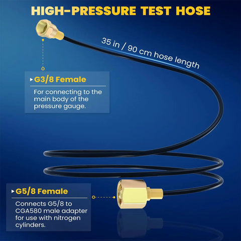 Nitrogen Gas Charging Kit For Hydraulic Breaker Hammer With Dual Scale Gauge 0-1420 PSI And 100 Kg Cm2, Glycerin-Filled Gauge, Heavy-Duty Brass And Stainless Steel Build, CGA580 Adapter, 90 Cm Test Hose