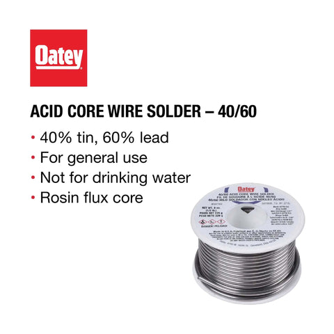 Acid Flux Core Wire Solder 40/60 Tin Lead, 0.5 Lb Carded, general purpose for metal repair, spool with label in packaging