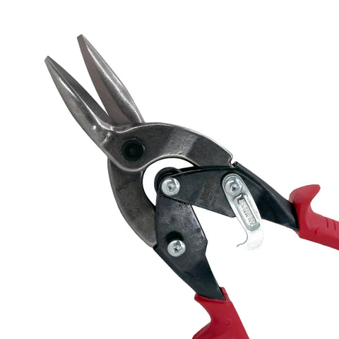 Left Cut Regular Aviation Snips Tin Cutting Shears With Forged Blades And Kush N Power Comfort Grips shown from side angle.