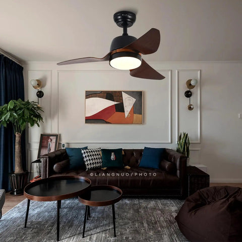 Ultra Quiet DC Motor Ceiling Fan With LED Light For Indoor Outdoor Use, dark metal body, wood grain blades, in living room