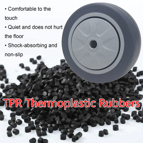 TPR thermoplastic rubber caster wheel close-up with black rubber granules, ideal for Set Of Four Smooth Operator 4 Inch Swivel Casters Dead Silent Tpr Rubber Glides Instant Stop Locks Quick M12 Screw Stems Flex Any Cart Build Tackle Furniture Rolls And Weekend Garage Mods.