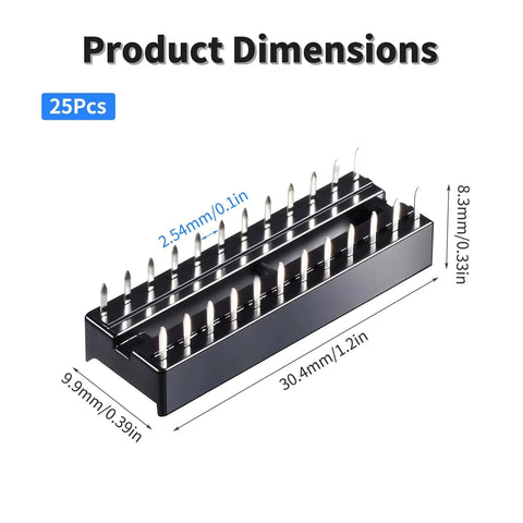 Image showing dimensions of 24 Pin DIP IC Socket 2.54mm Pitch Narrow Body For Soldering DIP IC Socket Adapter in black plastic.