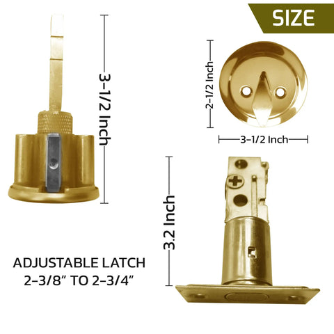 Keyed Alike Single Cylinder Deadbolt Lock Set 4 Pack with Polished Brass Finish showing dimensions and adjustable latch