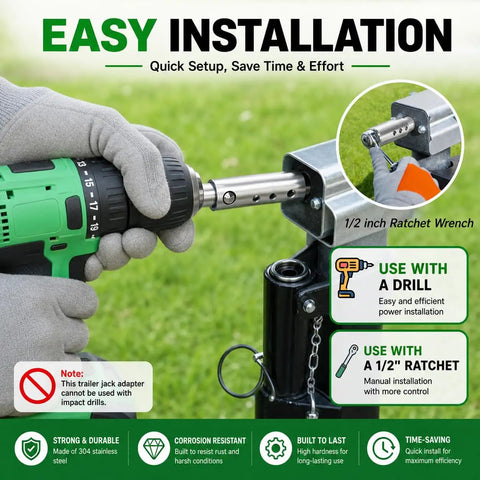 Rock Solid Stainless Steel Trailer Jack Drill Adapter For 1 Inch Drive Shaft With Rustproof Heavy Duty Build attached to a drill.