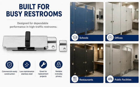 Heavy Duty Stainless Steel Surface Mount Slide Latch With Keeper For ADA Compliant Bathroom Stall Doors And Commercial Toilet Partitions shown with multi-use settings.