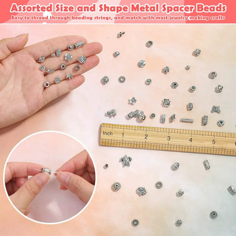 350 Pcs Silver Spacer Beads For Jewelry Making Bulk Mixed Styles Metal Beads perfect for crafting with ruler for scale