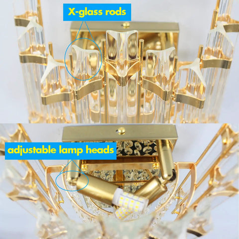 Brass Wall Sconce With Crystal Strings And Glass Bars Dimmable Two Layer Light Head Adjustable Beam Lit Glam Lighting For Bedroom Or Bathroom Easy Style Upgrade, showing adjustable lamp heads and x-glass rods details.