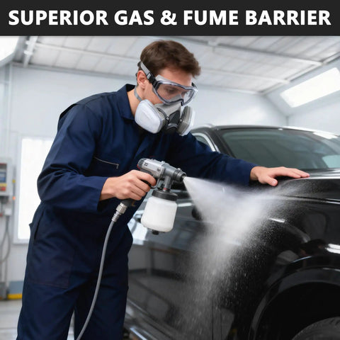 Person using spray gun wearing 2 In 1 Half Face Respirator With Replaceable Filters For Painting, Welding And Woodworking.