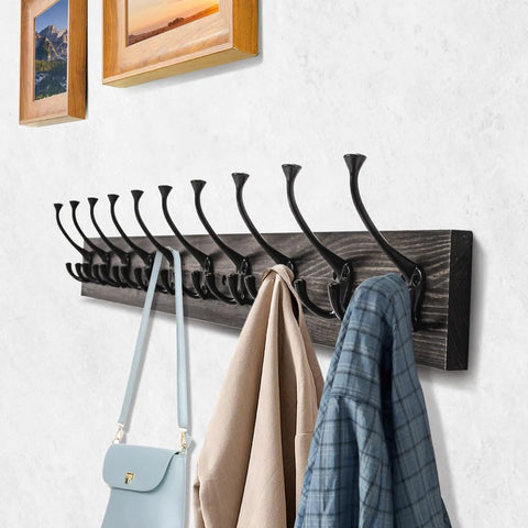 Rustic 34 Inch Wall Mounted Coat Rack With Ten Decorative Hooks Heavy Duty Pine Wood Rail For Entryway Or Living Room
