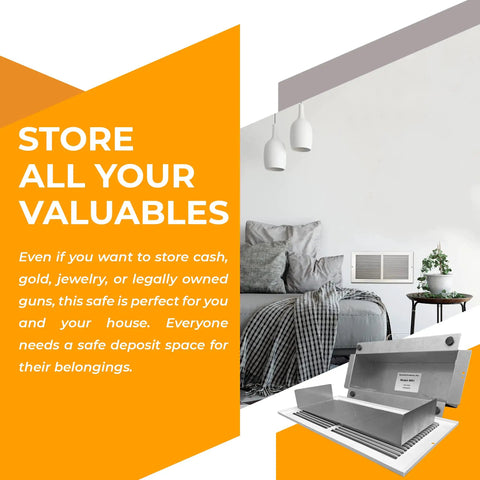 Room with open hidden wall safe that looks like an air vent in plain sight for quick access to jewelry valuables cash, easy DIY install.