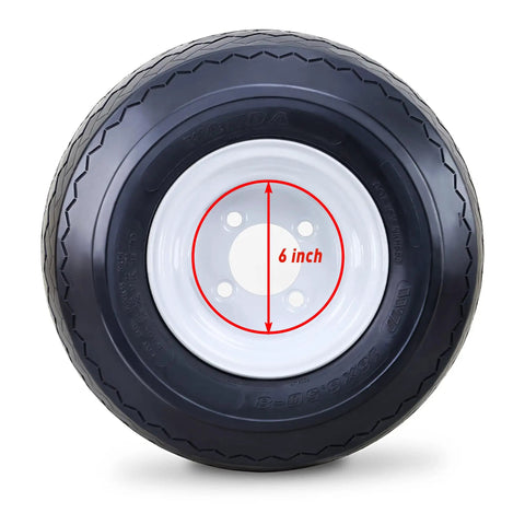 18X8.5-8 Golf Cart Tires And Wheels Assembly, 4Ply Aggressive Tread White Steel Rims With 4X4 Bolt Circle, showing front view with 6 inch bolt circle.