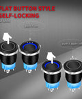 19mm 12V Latching Push Button Switch With Blue LED Light, waterproof, marine grade, showing on and off states with instructions.