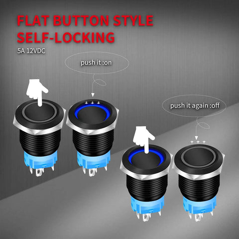 19mm 12V Latching Push Button Switch With Blue LED Light, waterproof, marine grade, showing on and off states with instructions.