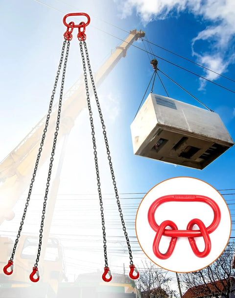 G80 Chain Sling Ring Oblong Master Link Hoist Ring for lifting 8 ton capacity, shown in industrial lifting setup with crane.