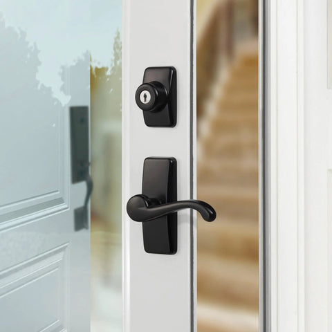 Black GL Door Lever Set With Keyed Deadbolt Lock For Storm And Screen Doors 4 Piece Upgrade on white door