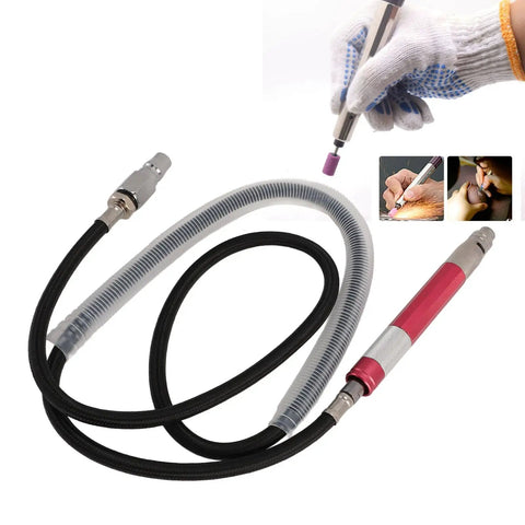 Dead Lightweight Slick Pneumatic Air Pencil Die Grinder Featuring 58000Rpm Power and One Quarter Inch Inlet with M3 Collet for Snappy Engraving Carving and Smooth Metal Finishing Jobs Built Tough Yet Easy Peas to Maneuver shown with air hose and attached grinding tip.