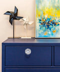 24 Piece Snazzy Crystal Cabinet Knobs And Wardrobe Drawer Pull Handles For Furniture Refresh With Glossy Transparent Finish on blue dresser.