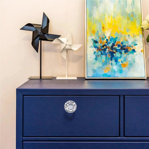 24 Piece Snazzy Crystal Cabinet Knobs And Wardrobe Drawer Pull Handles For Furniture Refresh With Glossy Transparent Finish on blue dresser.