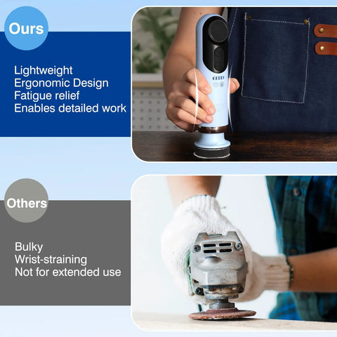 Comparison of Versatile Do It All Electric Resin Sander And Polisher with bulky sander highlighting ergonomic design and fatigue relief.