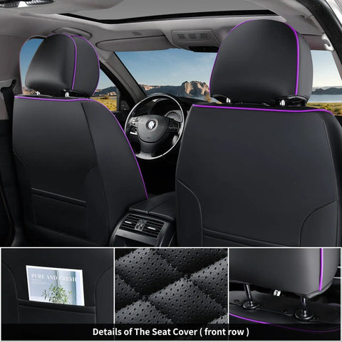Interior view showing Premium Nappa Leather Car Seat Covers Full Set With Waterproof Protection For 5 Seats Black And Purple, front seat focus.