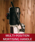 Heavy Duty Benchtop Drill Press And Mortiser With Half Inch Chisel And Four Three Quarters Inch Stroke showing multi-position mortising handle.