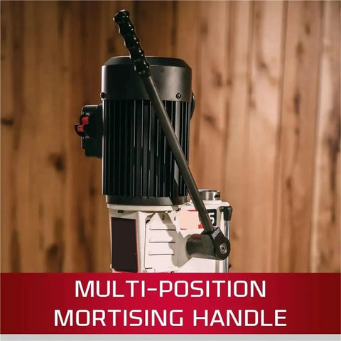 Heavy Duty Benchtop Drill Press And Mortiser With Half Inch Chisel And Four Three Quarters Inch Stroke showing multi-position mortising handle.