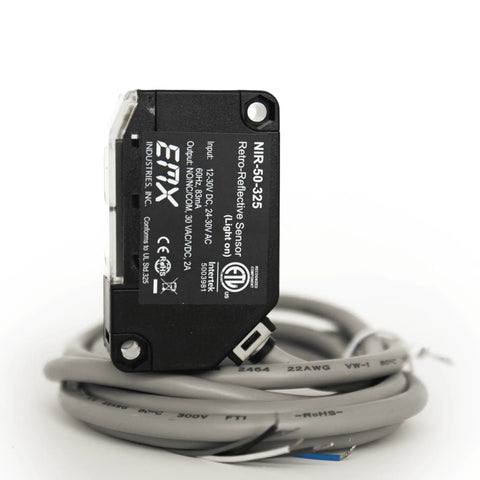Close-up of UL325 Retroreflective Photoeye Kit for Gates and Doors with coiled cable, label details visible