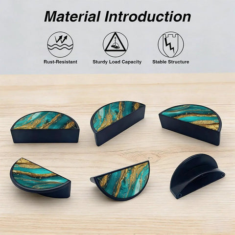 2 Pack Dope Teal And Gold Textured Fluid Art Cabinet Pulls With Black Semicircle Drawer Handles 3 Inch Hole Center