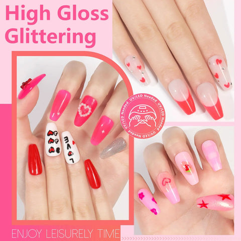 Gel Polish Kit With Base And Top Gels 112 Piece Set Featuring 108 Vibrant Colors on nails with high gloss finish and designs