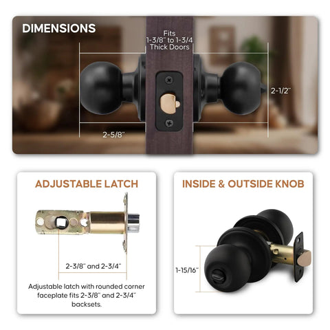Dimensions and features of Privacy Interior Door Knob Set Matte Black Reversible For Bedroom Bathroom And Closet Heavy Duty