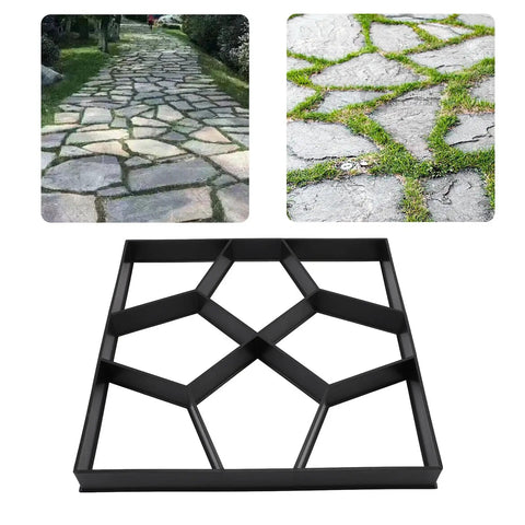 Walk Maker Stone Mold Kit 15.7x15.7x1.6 Inch Reusable Concrete Paver Molds for DIY garden path projects, mold and stone examples