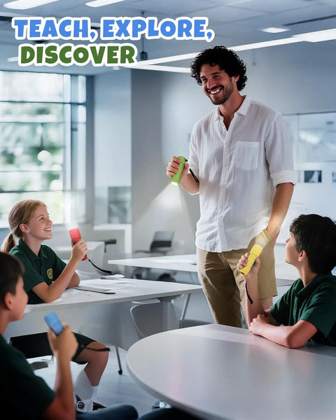 Compact Grab And Go Mini LED Flashlight Set In 4 Colors With 48 AAA Batteries Included used by a teacher and students in a classroom