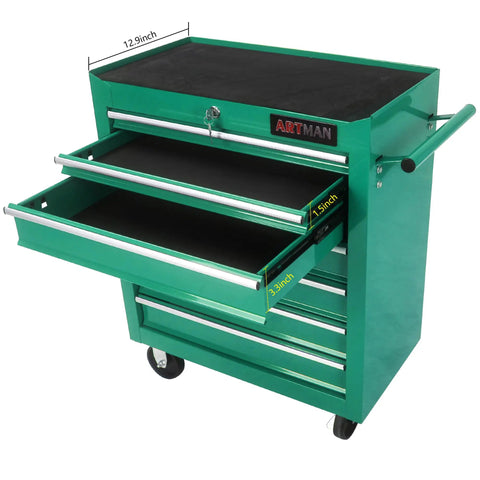 Green 7 Drawer Rolling Tool Chest Cart With Four Wheels Locking System And Drawer Liners Portable Tool Cabinet Trolley