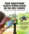 Golfer using Magnetic Golf Cart Phone Holder With Ultra Strong Neodymium N52 Magnets No Tools Needed Fits iPhone And Samsung.
