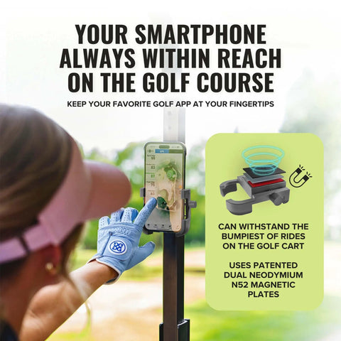 Golfer using Magnetic Golf Cart Phone Holder With Ultra Strong Neodymium N52 Magnets No Tools Needed Fits iPhone And Samsung.
