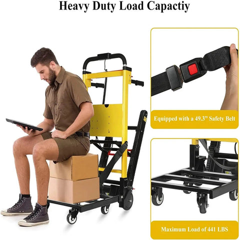 Man sitting on Heavy Duty Electric Stair Climber Hand Truck That Crushes 441 Lbs Loads With Ease, using a tablet.