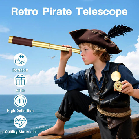 Old School Pirate Telescope Spyglass Zoomable 25x30 Portable Collapsible Handheld Monocular With Copper Pocket Compass For Camping Boating Survival Gear And Outdoor Adventures, pirate boy holding compass