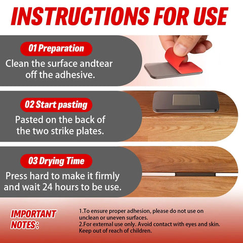 Instructions for use of No Drill Adhesive Magnetic Cabinet Catch 4 Pack Stainless Steel Door Latch, showing adhesive application.