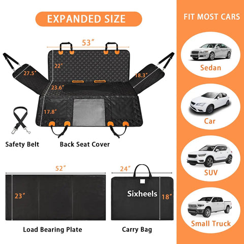 Back Seat Dog Car Cover With Extender And Hard Bottom Waterproof Pet Seat Protector For Cars SUVs And Trucks in black.
