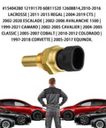 Close-up of engine coolant temperature sensor with brass body and black plastic connector, GM-compatible