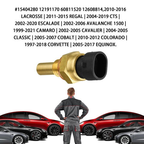 Close-up of engine coolant temperature sensor with brass body and black plastic connector, GM-compatible