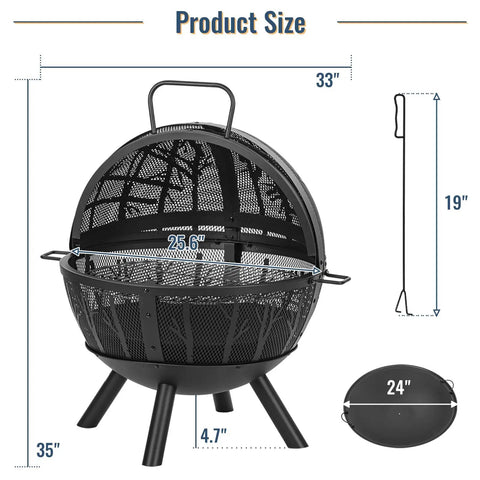 Diagram of Huge 35 Inch Wood Burning Fire Pit With Built In BBQ Grill For Backyard Bonfires Heavy Duty Outdoor Fire Pit dimensions