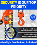 Front view of an orange manual lever chain hoist, 8 ton capacity, galvanized carbon steel with double-pawl brake