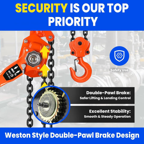 Front view of an orange manual lever chain hoist, 8 ton capacity, galvanized carbon steel with double-pawl brake