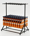 Rock Solid Commercial Life Vest Display Rack On Smooth Brake Wheels For Poolside Deck with 40 orange vests and top shelf.
