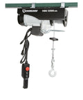 Strongway 1100 Lb Electric Cable Hoist with motor and remote for garage use, capable of 2200 lb capacity, 33 FPM speed.