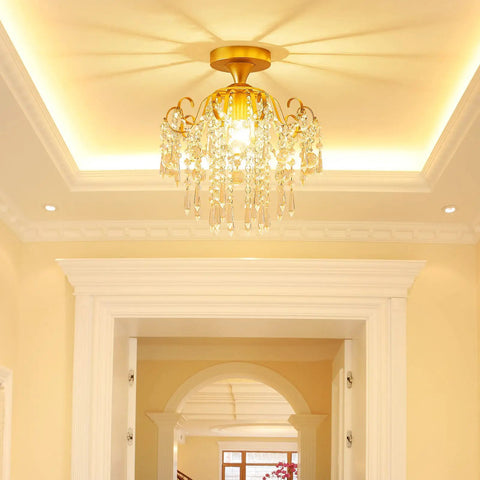 Small Crystal Ceiling Light Fixture Semi Flush Mount Chandelier For Dining Room Hallway Bedroom Bathroom Kitchen Gold Finish
