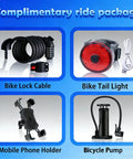 Complimentary accessories for Peak 500W Electric Bike, including lock cable, tail light, phone holder, and pump