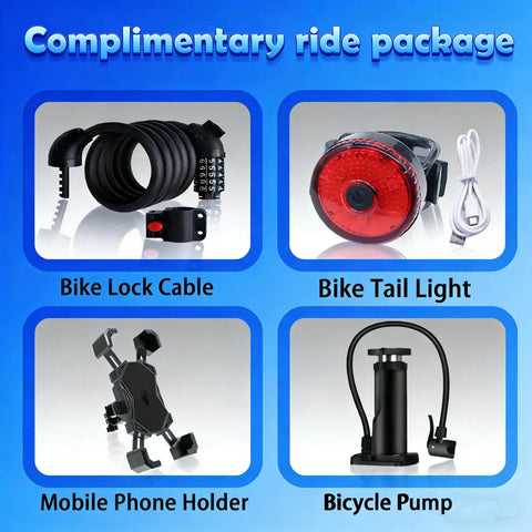 Complimentary accessories for Peak 500W Electric Bike, including lock cable, tail light, phone holder, and pump